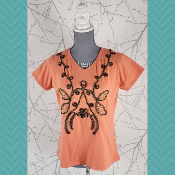 Custo Barcelona Orange Beaded Embroidered Cotton Tee - Picture 1 of 5